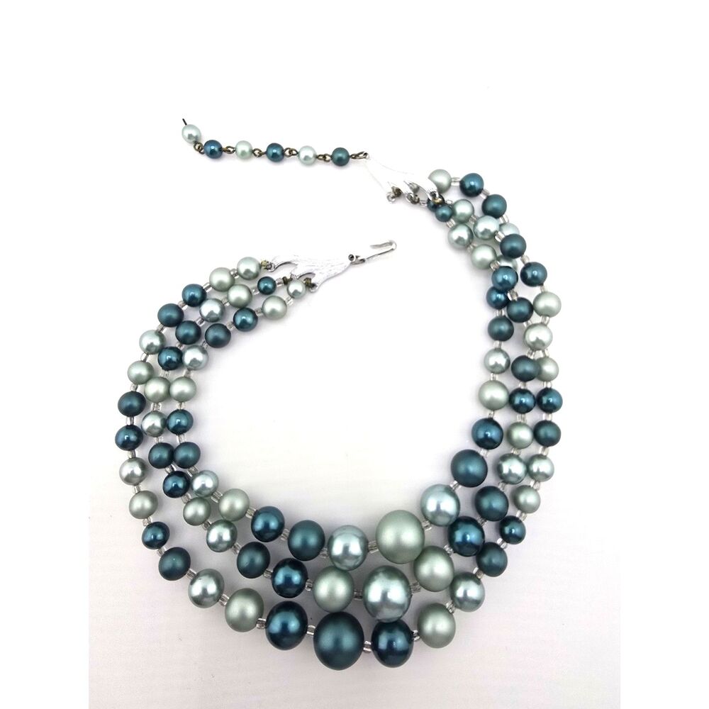 Vintage Japan Necklace Triple Strand Pearlized Glass Beads Teal Green Tones